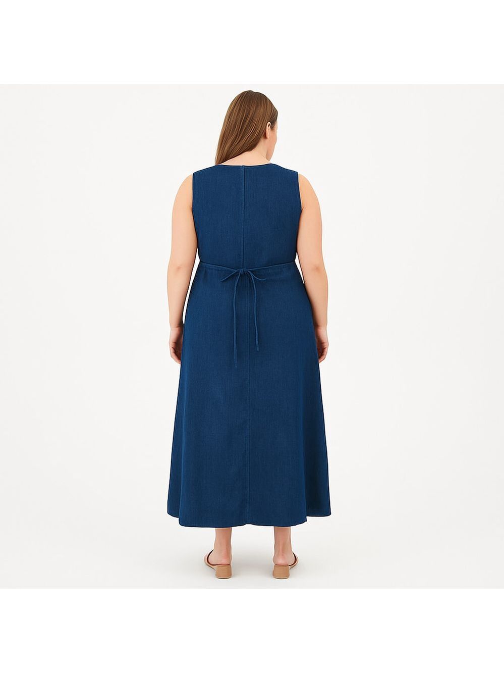 Vintage 90s Sleeveless Denim Maxi Dress Pleated Embroidered 100% Cotton Boho, 14 - Picture 4 of 14